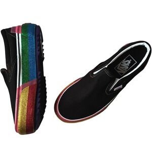 EUC Vans Classic Slip On Women 7 Rainbow Stacked Glitter Heel Pride Maximalist